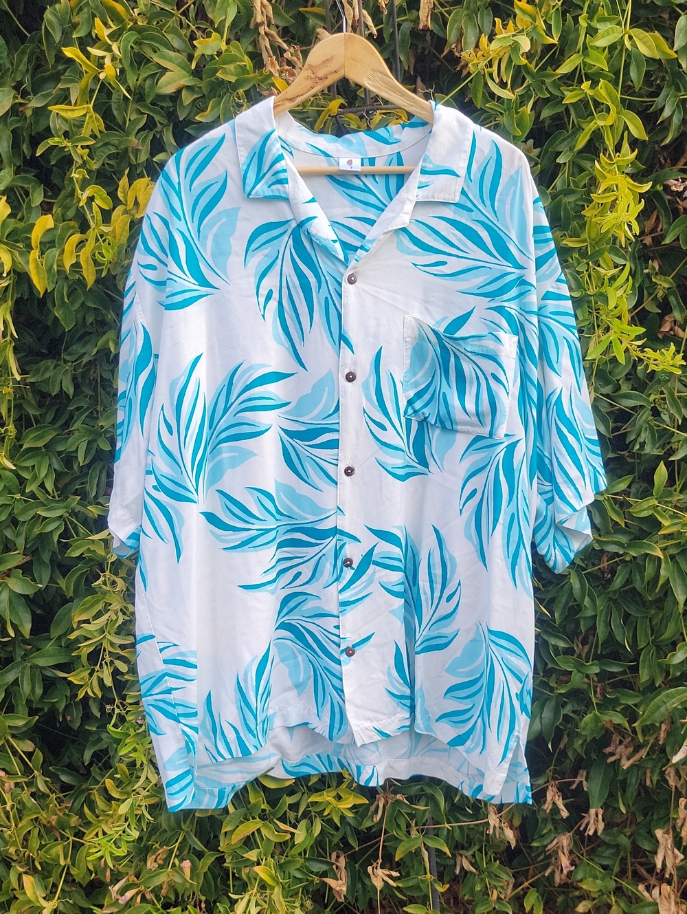 Men's Tropical Leaf Print Short Sleeve Button-Up Shirt - White & Teal 3X